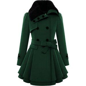 Women's Dark Green Zeagoo Winter Trench Coat Faux Fur Lapel Double Breasted